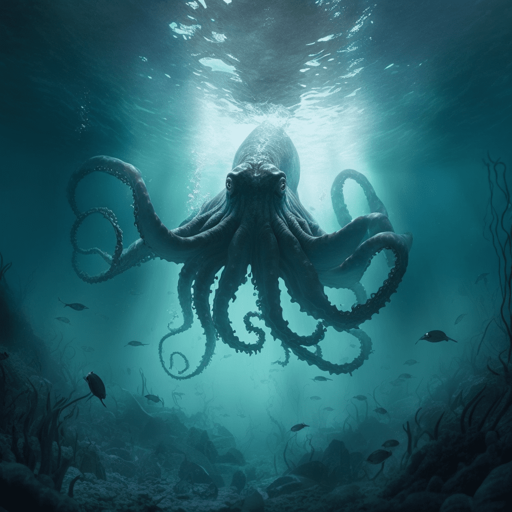 A depiction of the Kraken lurking underwater