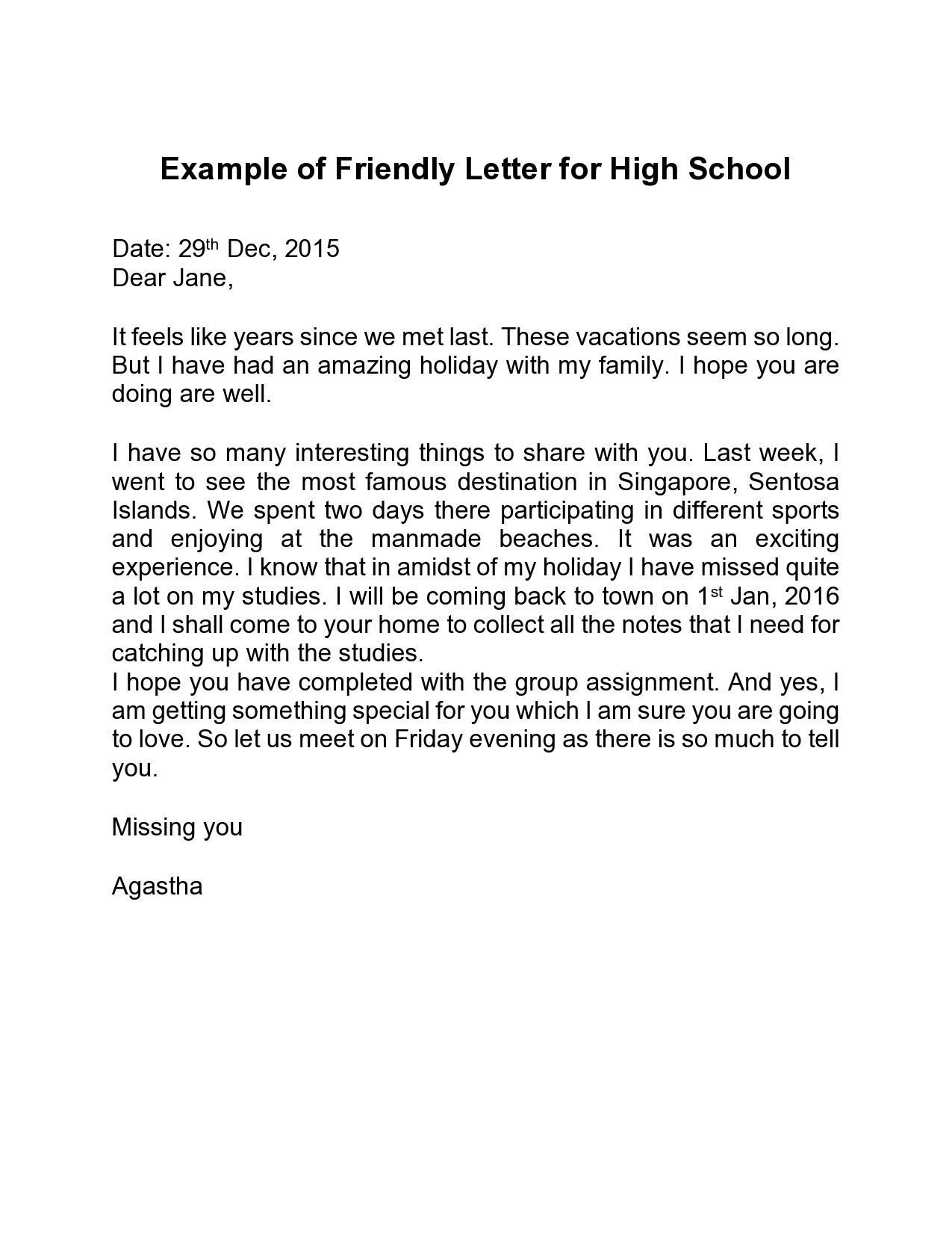 Friendly Letter Format Example